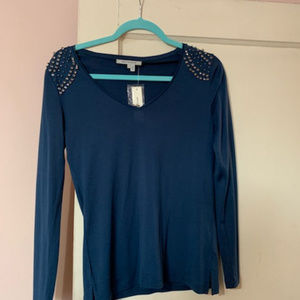 Long Sleeve BLue top with Embellishment on shoulders